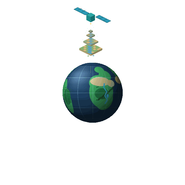 A satellite orbiting Earth, its data resolving down through a pyramid of raster overview tiles onto the globe